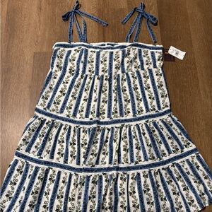 Melonie T Sundress Women 16 Ivory Blue Floral Striped Polyester Sleeveless Bow